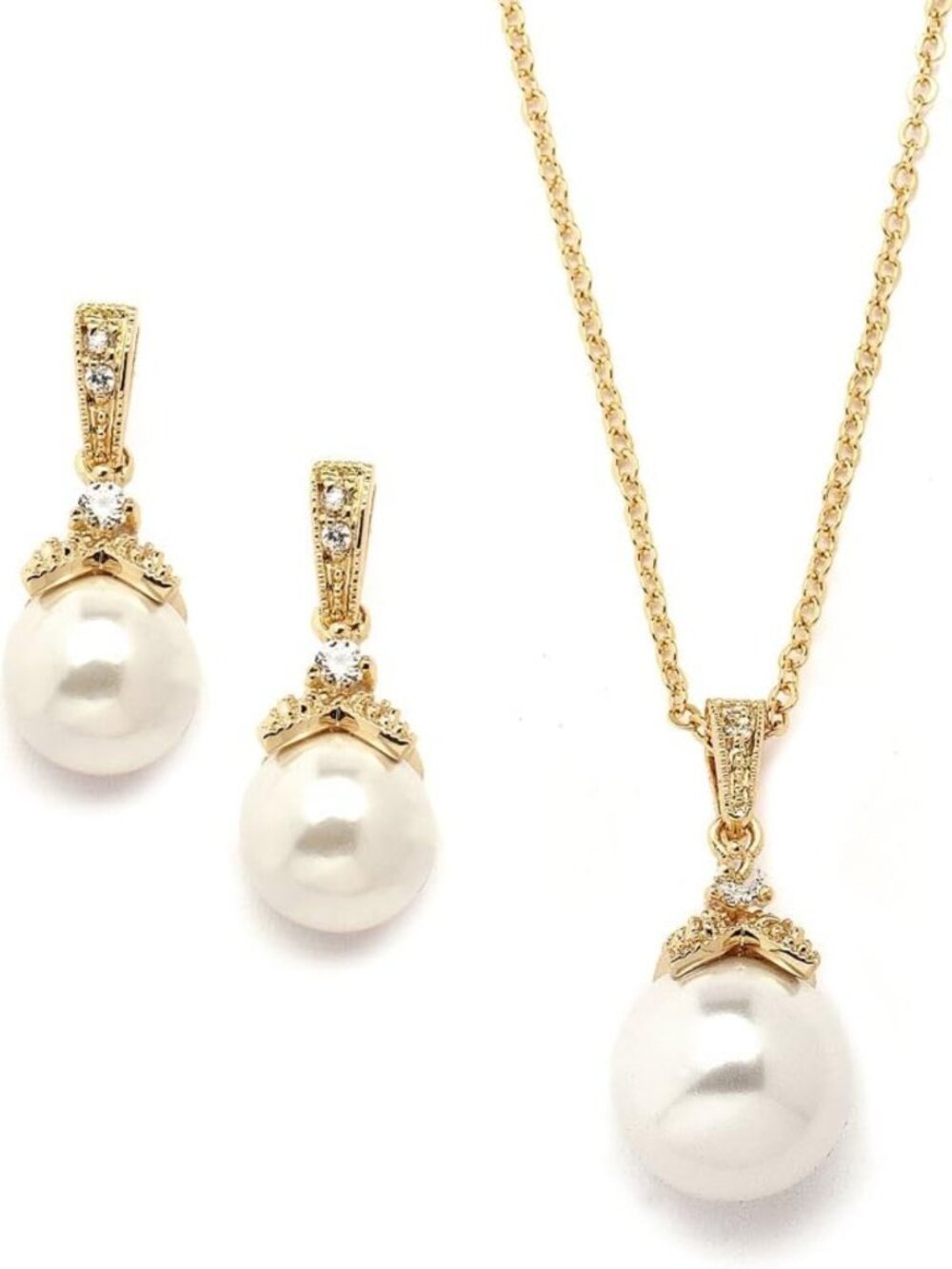 Elegant Pearl Drop Necklace & Earrings Set with CZ Crystals - Perfect for Bride